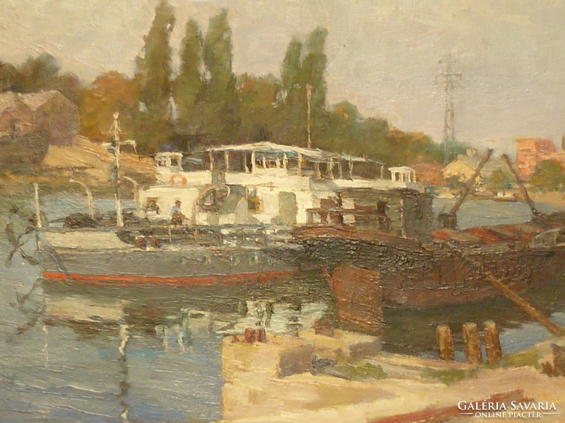 Oil on canvas for sale: Gyula Fejes: People's Island Ship Harbor