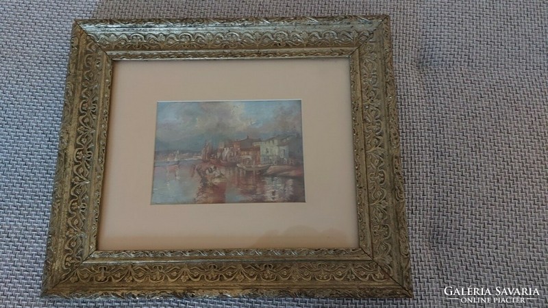 (K) beautiful quality watercolor painting harbor 40x34 cm with frame