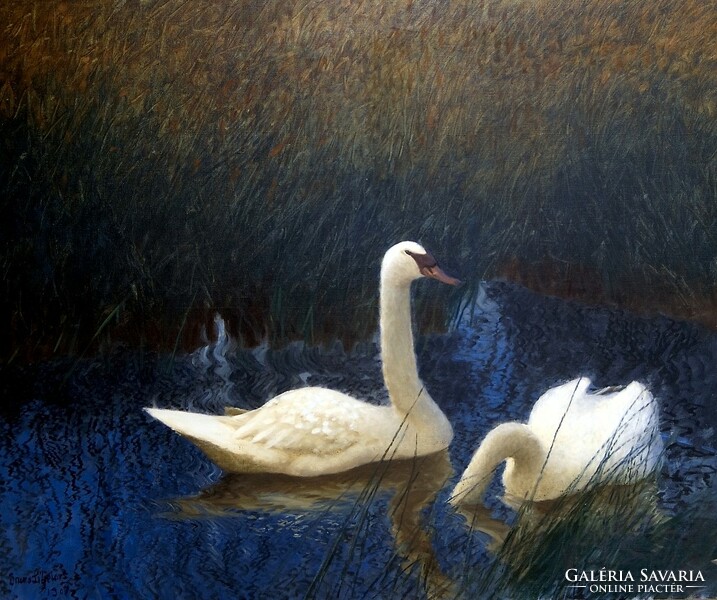 Liljefors - swans in the reeds - on a canvas reprint blind