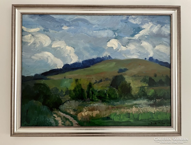 Bak Péter Róbert (1950 - ) Dombos táj c. 60x80 cm olajfestménye