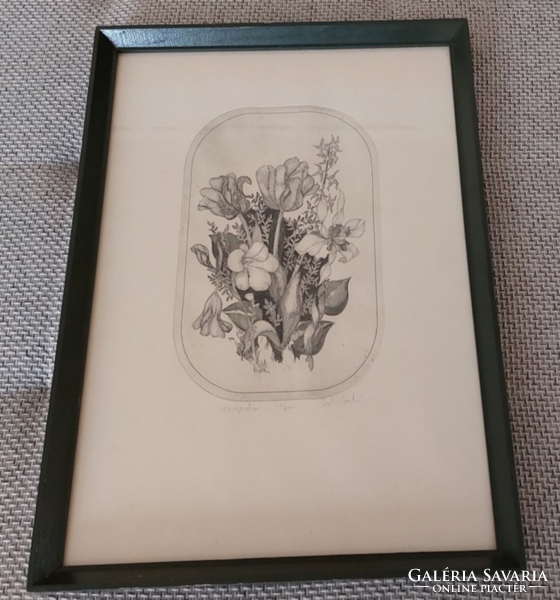 (K) sábo László bouquet of flowers etching 37x52 cm with frame