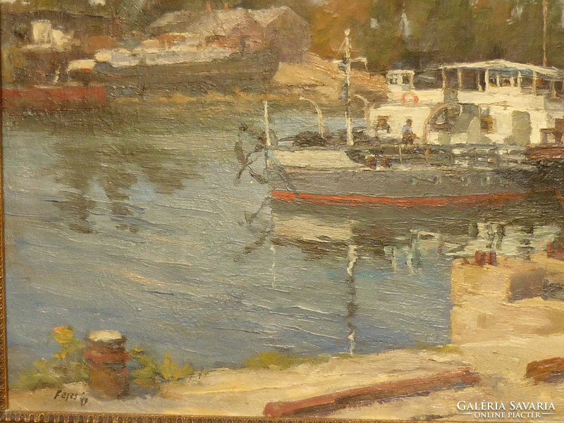 Oil on canvas for sale: Gyula Fejes: People's Island Ship Harbor