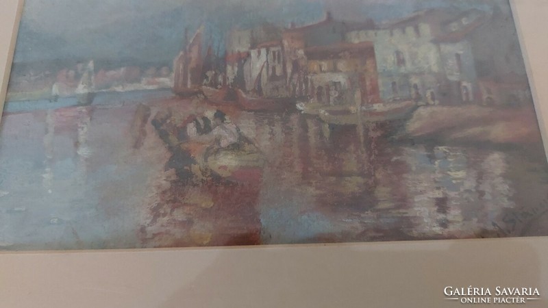 (K) Gyönyörű kvalitásos akvarell festmény kikötő 40x34 cm kerettel