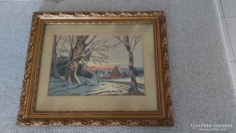 (K) Szép akvarell festmény téli táj házikóval 52x43 cm kerettel