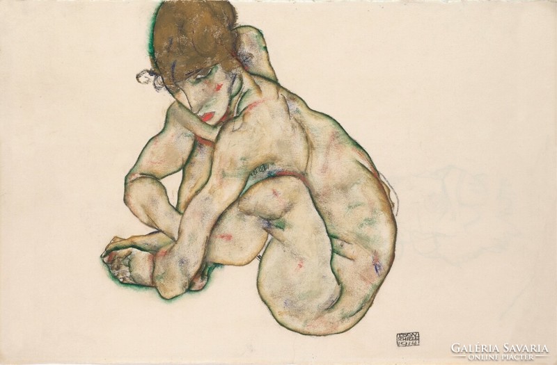 Egon Schiele - squatting naked girl - canvas reprint on blindfold