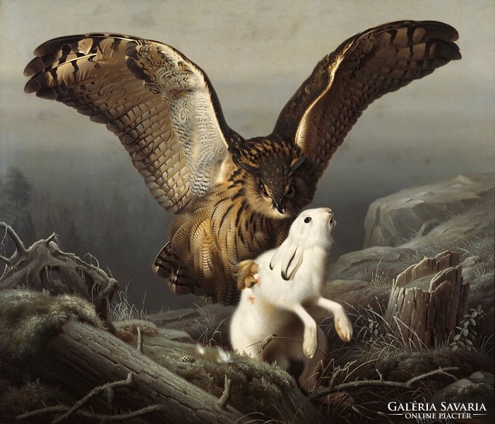 Von wright - eagle owl grabs a rabbit - canvas reprint blindfold
