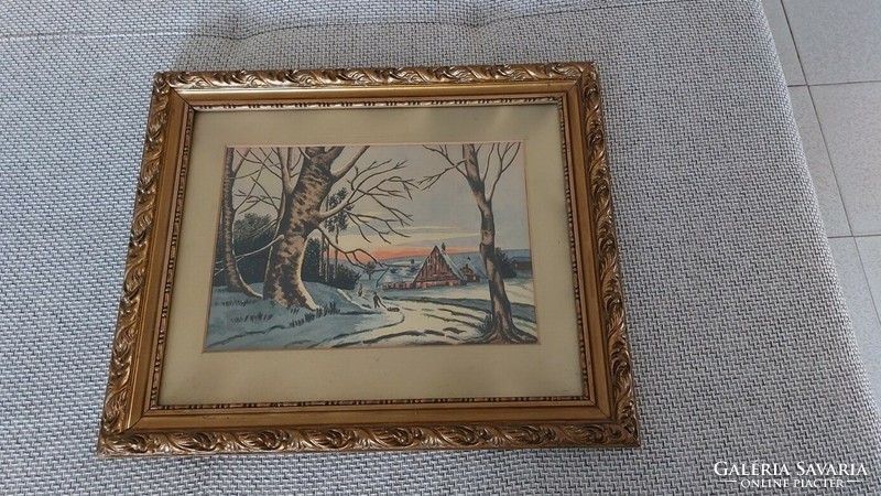 (K) Szép akvarell festmény téli táj házikóval 52x43 cm kerettel