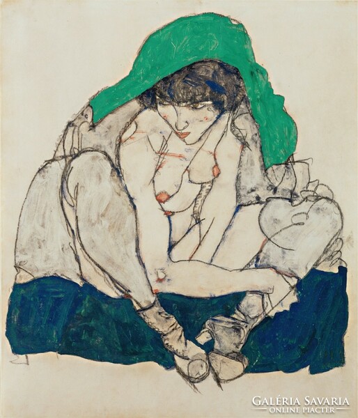 Egon Schiele - squatting woman with green headscarf - canvas reprint on scratch card