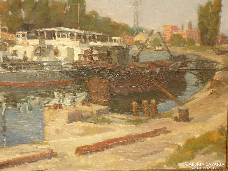 Eladó Fejes Gyula: Népszigeti hajókikötő című olajvászon festménye