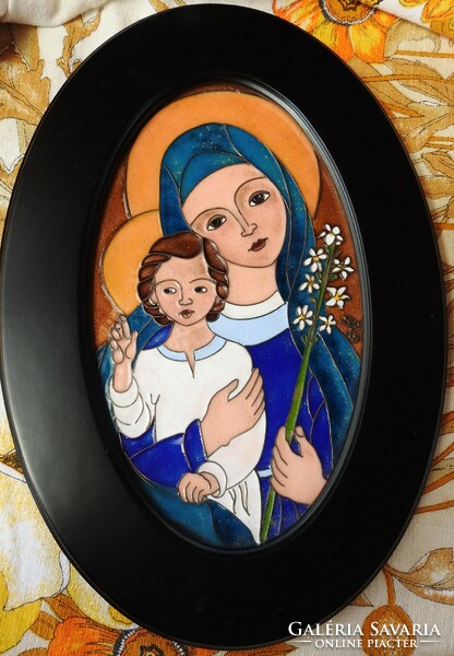 Stekly zsuzsa - madonna with lily - fire enamel picture in oval wooden frame