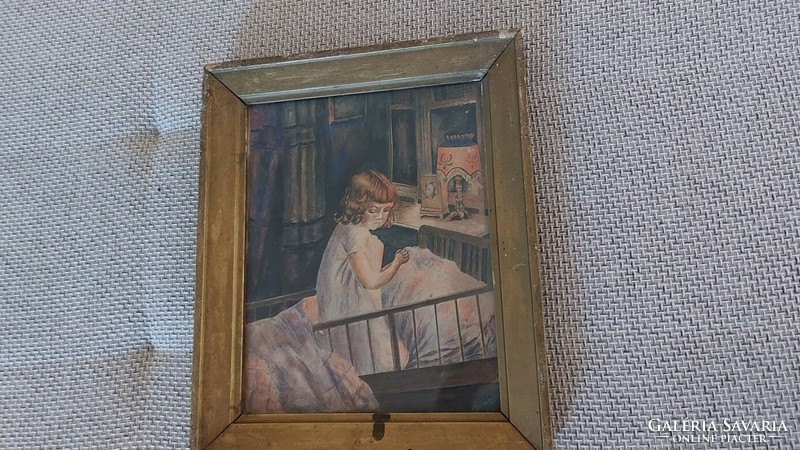 (K) Szignózott imádkozó kislány festmény 31x38 cm kerettel