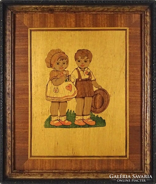1I956 Old little boy-girl couple inlaid picture in old frame 28 x 23.5 Cm