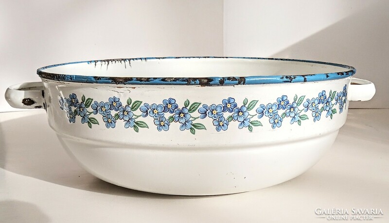 Old enamel bowl with blue forget-me-not 24cm