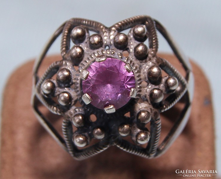 Antique Russian filigree (875) silver ring with genuine amethyst gemstone
