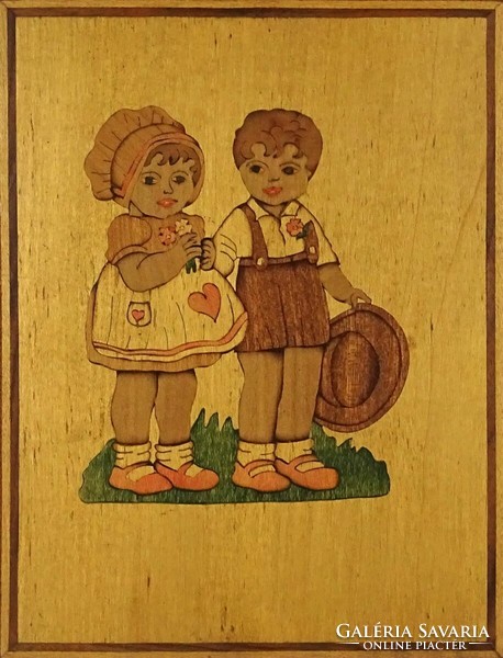 1I956 Old little boy-girl couple inlaid picture in old frame 28 x 23.5 Cm