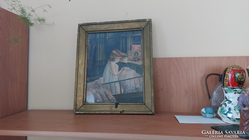 (K) Szignózott imádkozó kislány festmény 31x38 cm kerettel