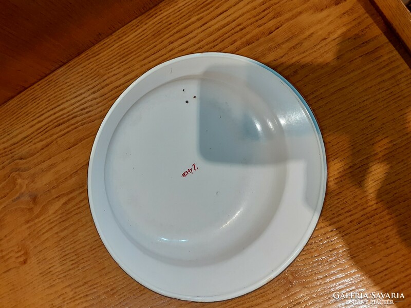 Régi pléh tányér zománcozott fém tányér piros kék fehér gyönyörű állapotban