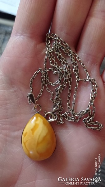 Silver necklace with honey amber pendant 8 gr 59 cm!