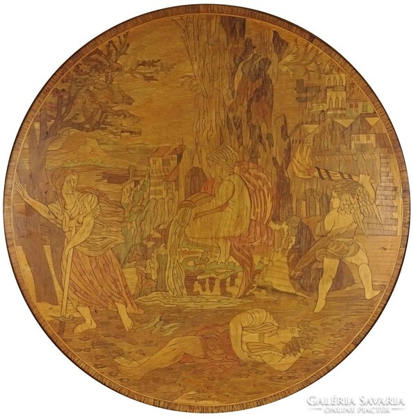1I961 old beautiful mythological marquetry picture in round frame 48 cm