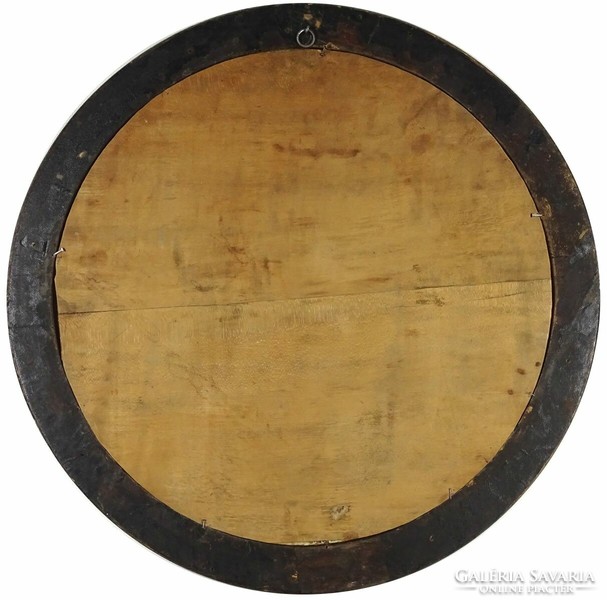 1I961 old beautiful mythological marquetry picture in round frame 48 cm