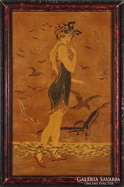 1I959 Régi gyönyörű szecessziós női alakos intarziakép keretben 30 x 20 cm