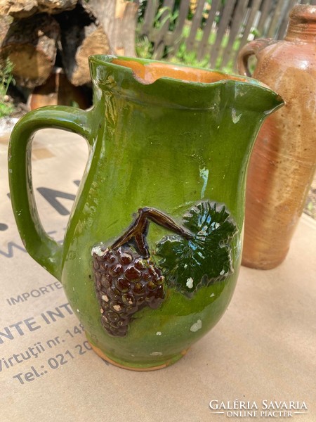 Folk ceramics with green jug + brandy bottle