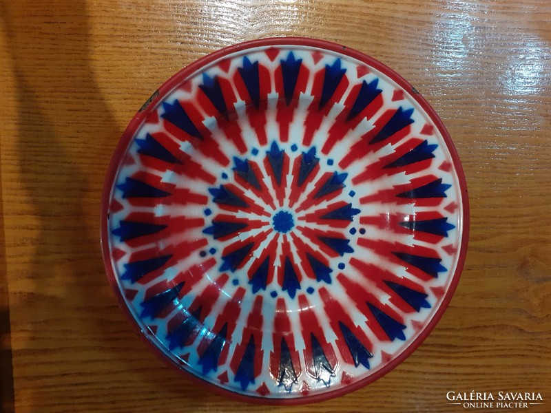 Régi pléh tányér zománcozott fém tányér piros kék fehér gyönyörű állapotban