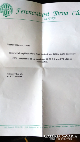 Invitation to the inauguration ceremony of the centenary promenade in Fradi September 16, 2001 In original envelope
