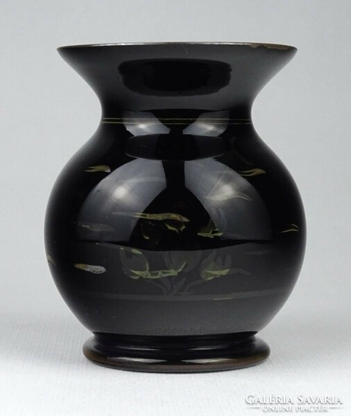 1I989 Régi kisméretű kézi festett hal motívumos fekete üveg váza ibolyaváza