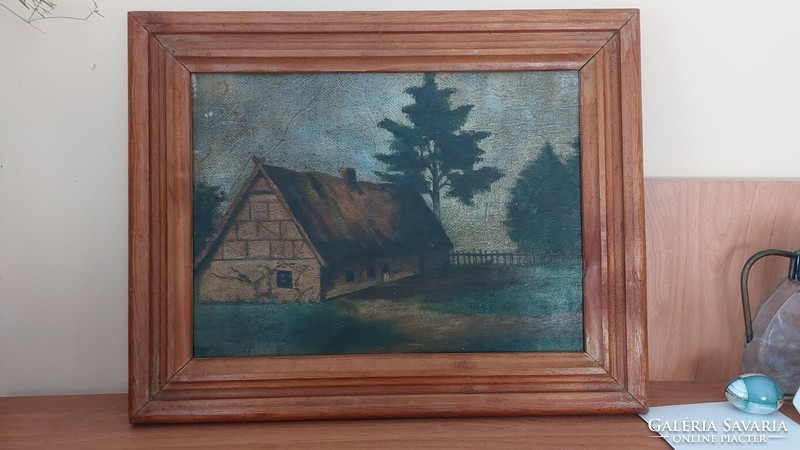 Antik festmény házikóval 48x38 cm
