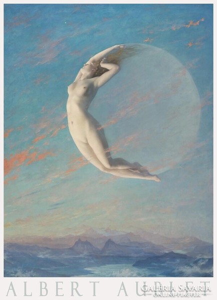 Albert Aublet Selene, Újhold 1880 olajfestmény művészeti plakátja, női akt telihold égbolt allegória