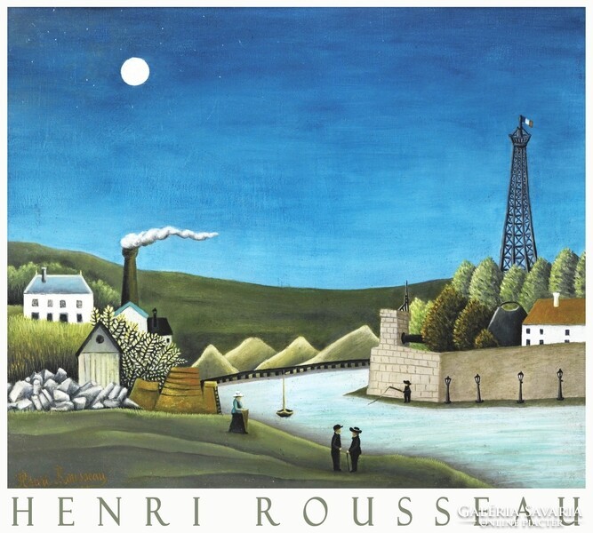 Henri Rousseau Tájkép a Szajna mentén 1911 naiv festmény művészeti plakátja, folyópart látkép erőd