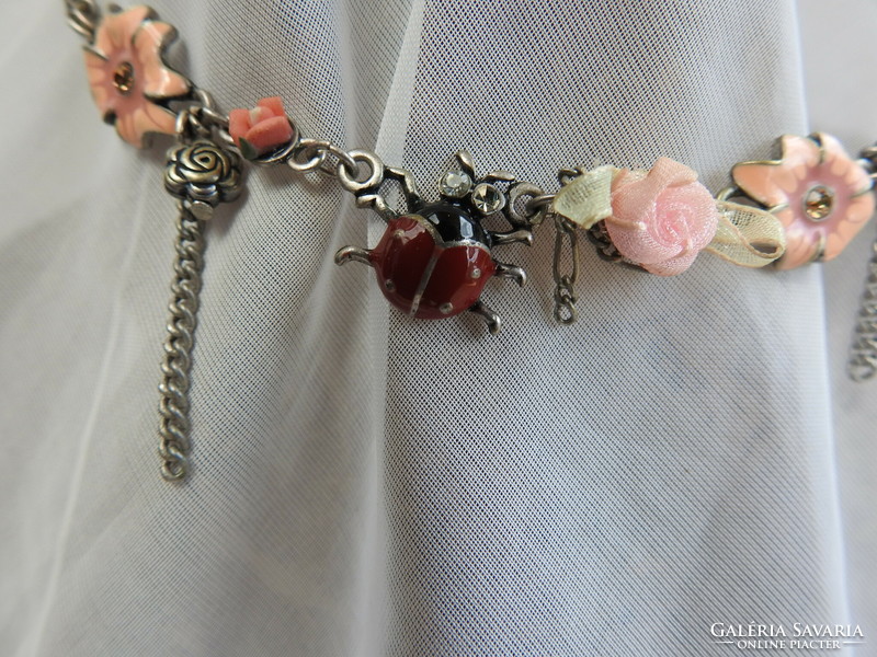 Avon marked necklace - pink with fire enamel flowers, ladybug, etc.