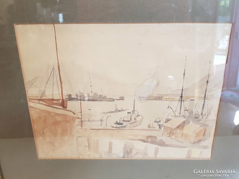 A. de Timon jelzéssel tengeri kikötő hajókkal háttérben egy hadihajó festmény