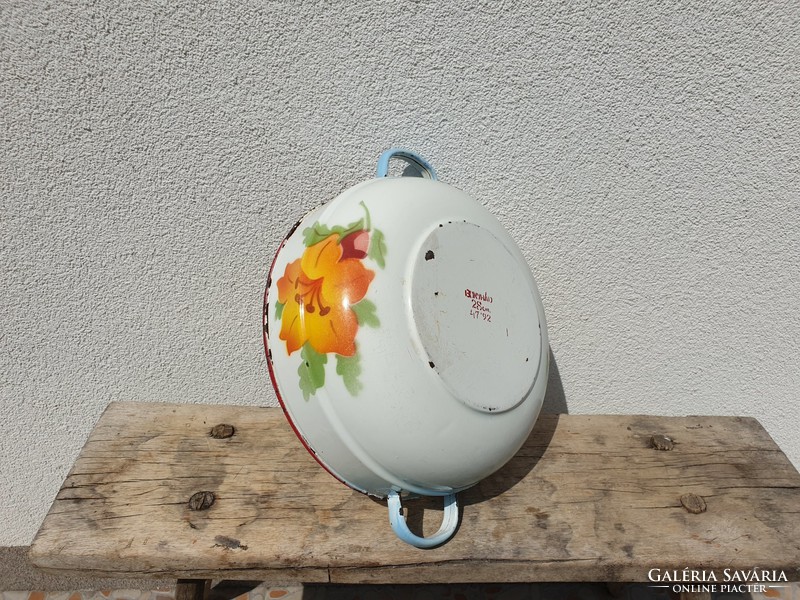 Old enameled flower patterned enameled large bowl with legs, vintage decoration