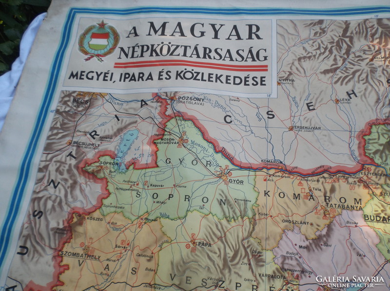 1961 - Map of the Hungarian - Hungarian People's Republic - with original rod - 232 x 162 cm