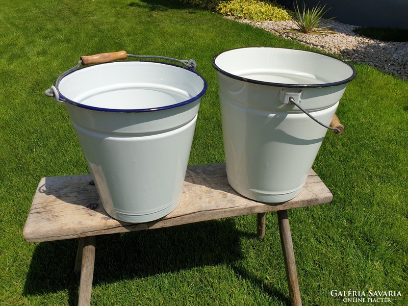Enameled old vintage enameled blue white bucket jug