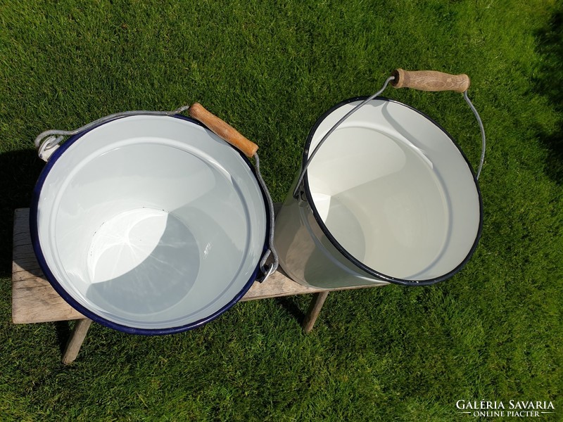 Enameled old vintage enameled blue white bucket jug
