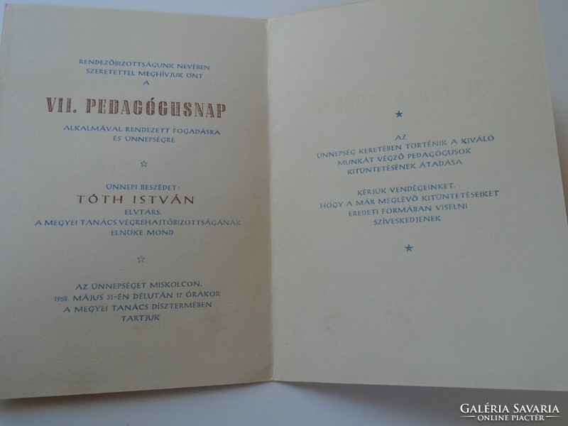 D190521 Miskolc - invitation vii pedagogue day 1958 borsod-abaúj-zemplén