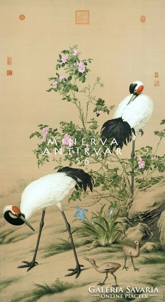 18th century Chinese silk painting reprint print, two Manchu crane chicks bird family rose bush