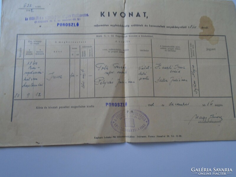 Ad00007.12 Poroszló birth certificate 1942 tóth chaff