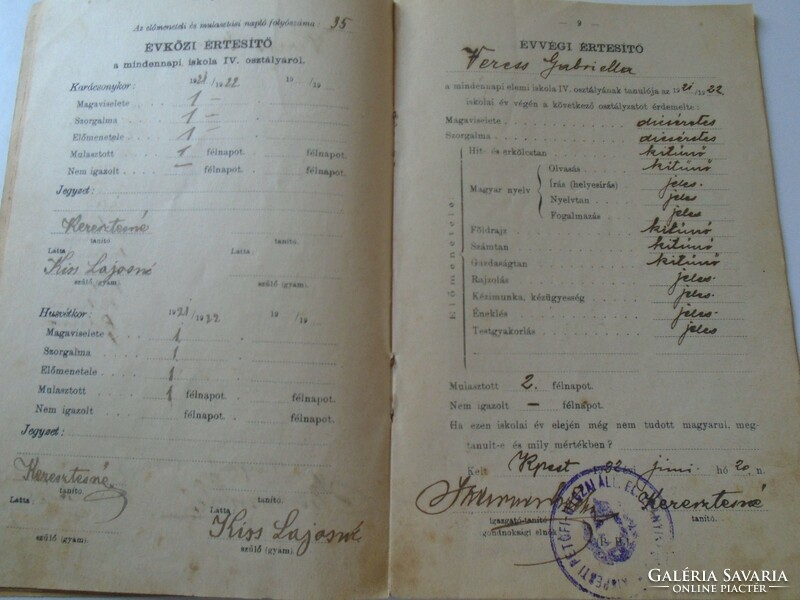 Ad000012.2 Notification booklet weress gabriella kispest 1918 petőfi utcai el. Girls' school