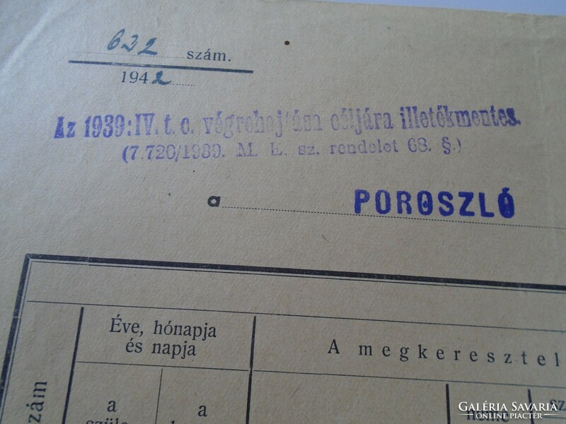 AD00007.6  POROSZLÓ  Születési anyakönyvi kivonat 1942 Domján  Balog