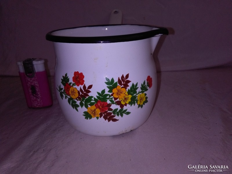 Enamelled, floral, beaked, pouring pot with handle