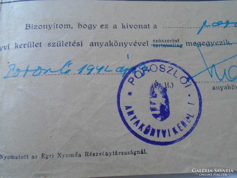 Ad00007.3 Poroszló Birth Certificate 1942 soldier case stamp and free of charge