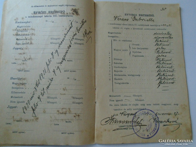 Ad000012.2 Notification booklet weress gabriella kispest 1918 petőfi utcai el. Girls' school
