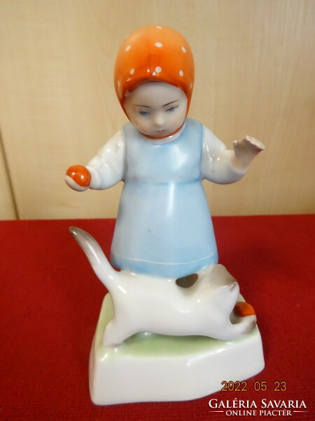 Zsolnay porcelán figura, kislány cicával, antik, magassága 14,5 cm.