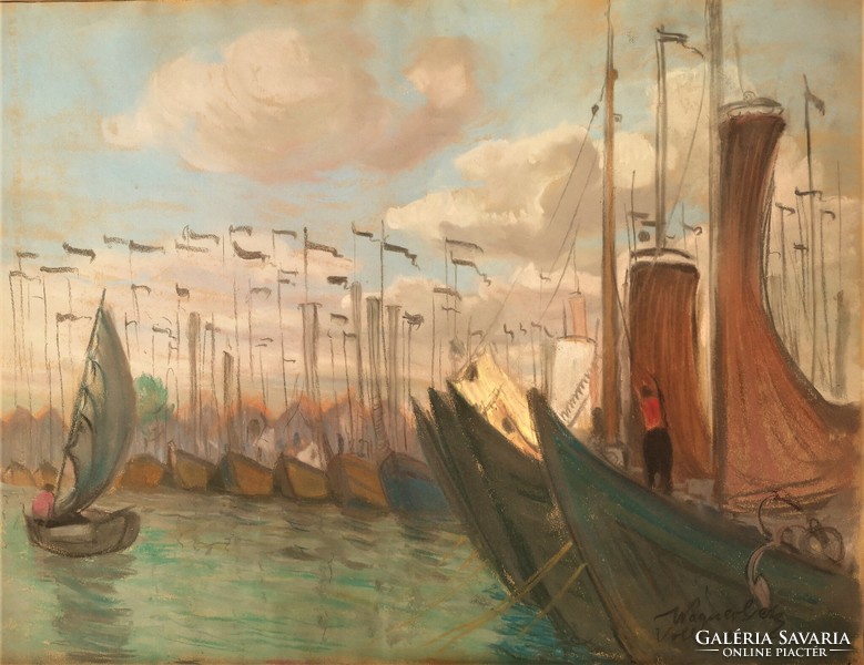Pastel picture of Géza Wágner (1879 - 1939) in Vollendam harbor with original guarantee!