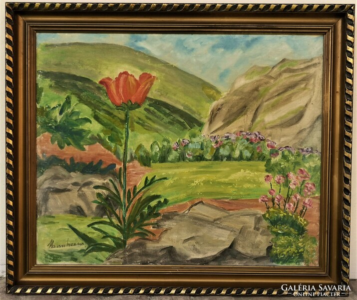 Mannheim Róza (1878 - 1965) Tájkép Pipaccsal c. festménye Eredeti Garanciával!