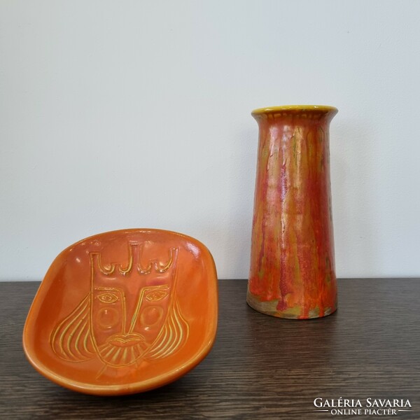 Hungarian retro ceramic vase - with plastic, trickled glaze